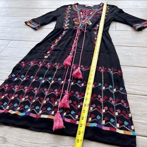 Lynn Adler Women's M Black Embroidered Floral Tassel Tie Midi Dress - Picture 10 of 13