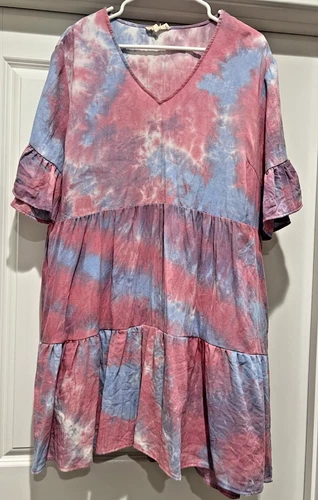 Entro 1X Pink Blue Tie Dye Tiered Dress Ruffle Sleeve Lined