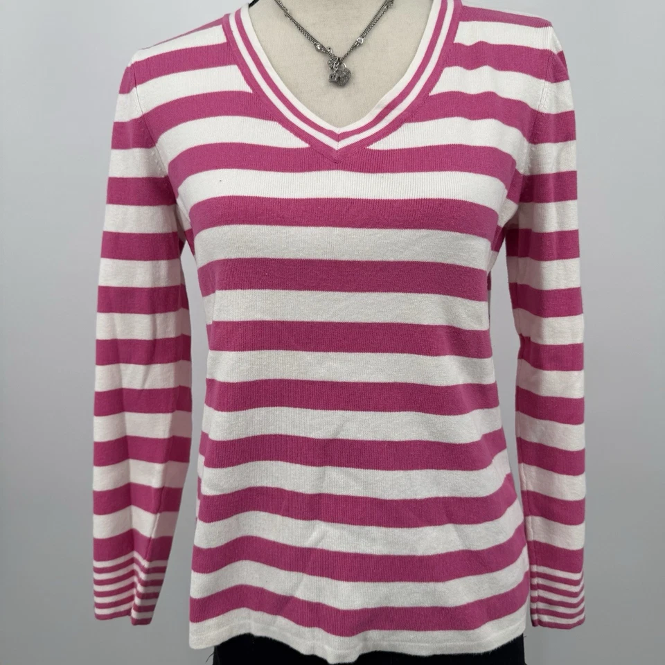 Suéter Top Rosa y Blanco Rayas Cuello en V Manga Larga Para Mujer Talla M Preppy Foto 4 de 4