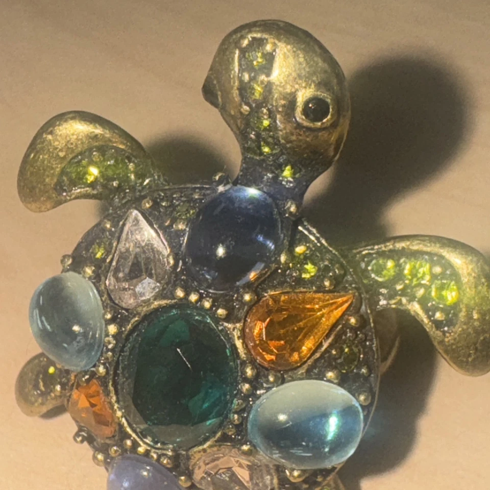 Anillo de latón tortuga vintage cabujones muticolores talla 9 piedra principal verde años 80 Foto 4 de 4