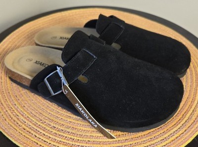 XIAKOLAKA Womens Suede Clogs Adjustable Buckle Slip On Black Size 9 Casual Comfy