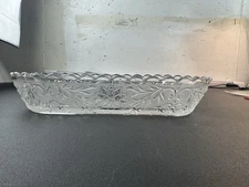 Vintage Glass Rectangular Serving Dish Floral Etched Scalloped Edge