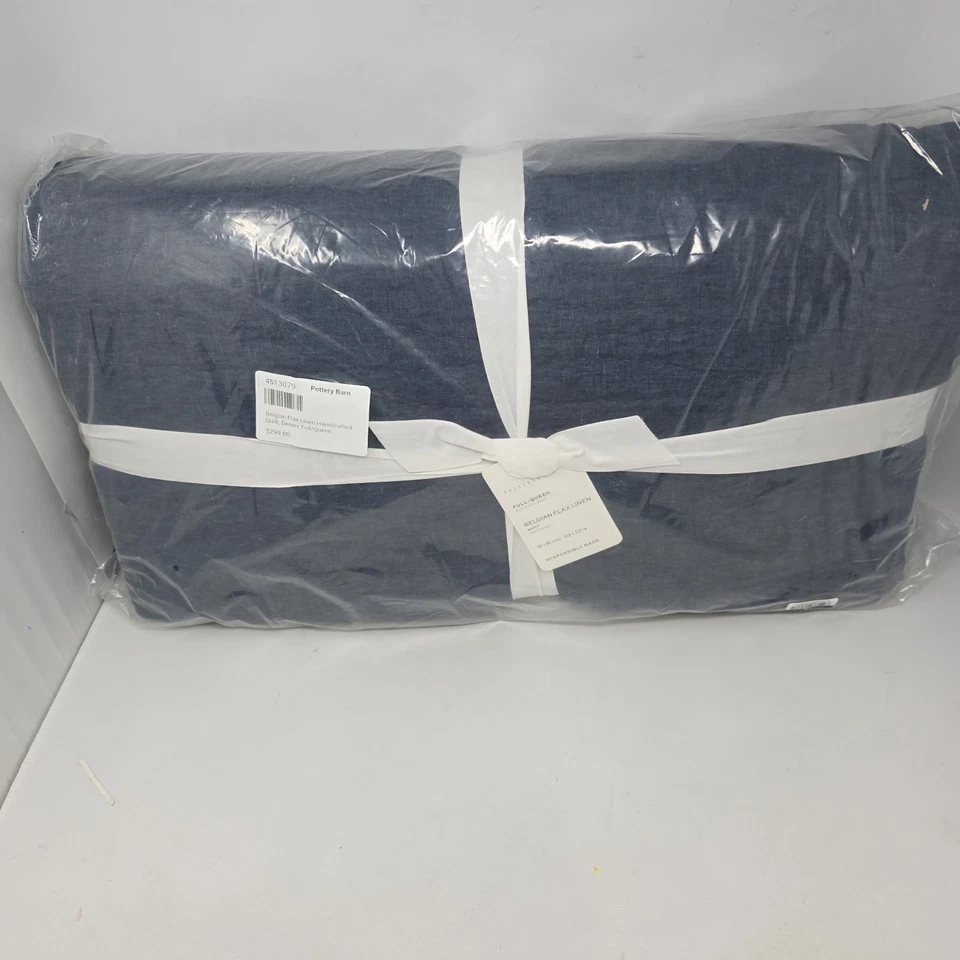 Pottery Barn Belgian Flax Linen Handcrafted  Full Queen Quilt Denim - Image 2 of 3
