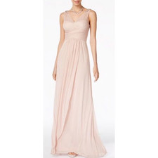 Adrianna Papell Blush Pink Chiffon Dress Gown Jewel Encrusted Shoulders Sz 2