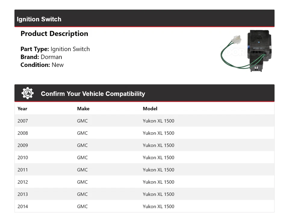 Выключатель зажигания для GMC Yukon XL 1500 Dorman 2007-2014 годов выпуска 2008 2009 2010 2011 2012 годов выпуска - Изображение 2 из 4