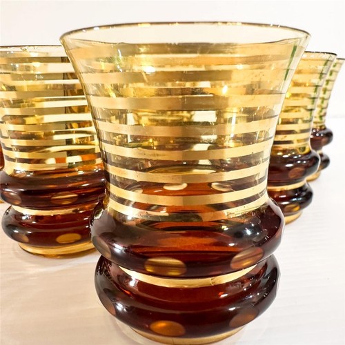 6 Vintage ART DECO Liqueur / Shot Glasses Brown & Gold Rings with Spots 35 ml - Picture 2 of 10