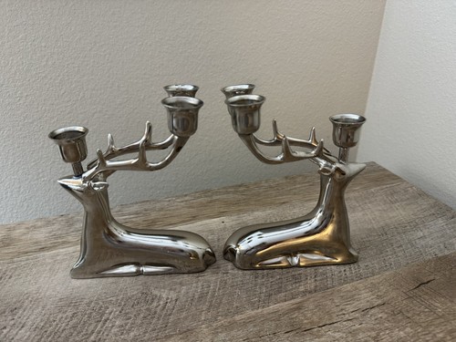 Silver Reindeer Candle Holders Resting Stag Antlers 7” Tall Vintage Set Of 2 - Picture 11 of 14