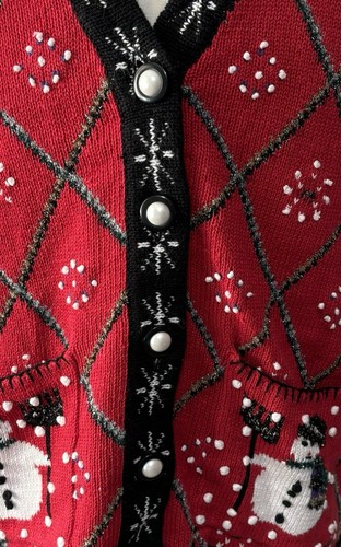 Design Options NEW Vintage Christmas Snowman Sweater Cardigan XL Pearl buttons - Picture 4 of 10