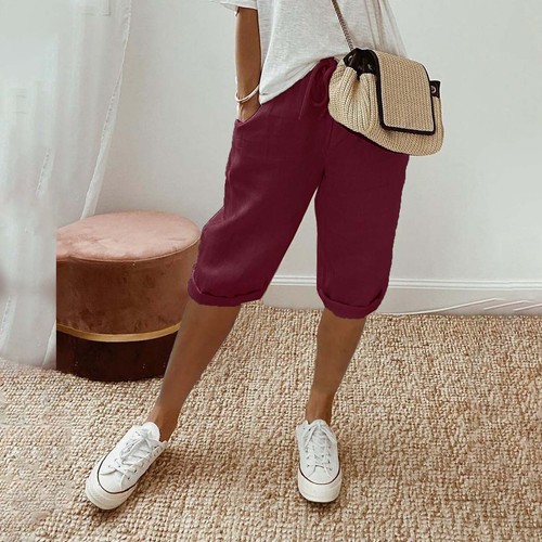 Womens Knee Length Short Pants Ladies Loose Drawstring Casual Solid Color Shorts - Picture 55 of 60
