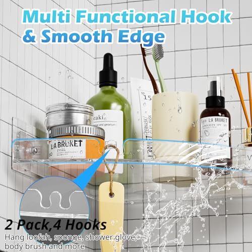 2 Pack Acrylic Corner Shower Caddy, Clear Corner Shower Shelf with 4 Hooks, 