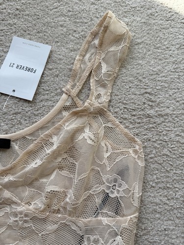 Forever 21 Babydoll Lace Cami Tank Top Cream Feminine Dainty Peplum V Neck Sz L - Picture 5 of 16