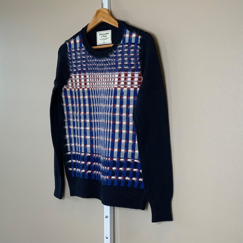 EUC Women's Abercrombie & Fitch Navy Blue Plaid Sparkle Fur Accent Sweater-SMALL - Picture 12 of 24