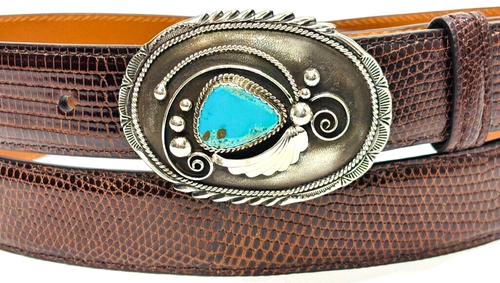 Sterling Silver .925 1" Oval Turquoise Belt Buckle Hammered 40 Genuine Lizard