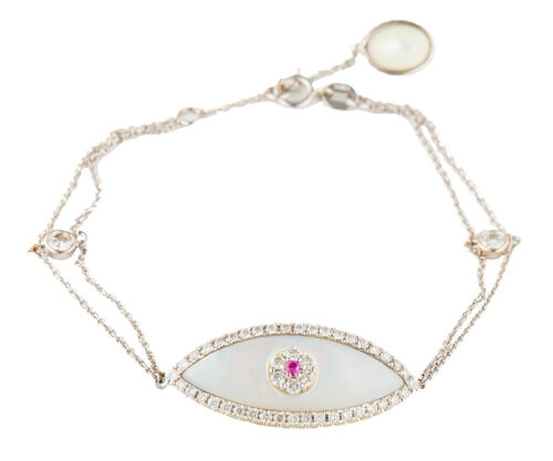 1.00ctw Diamond Mother of Pearl and Ruby Evil Eye Bracelet in 14K