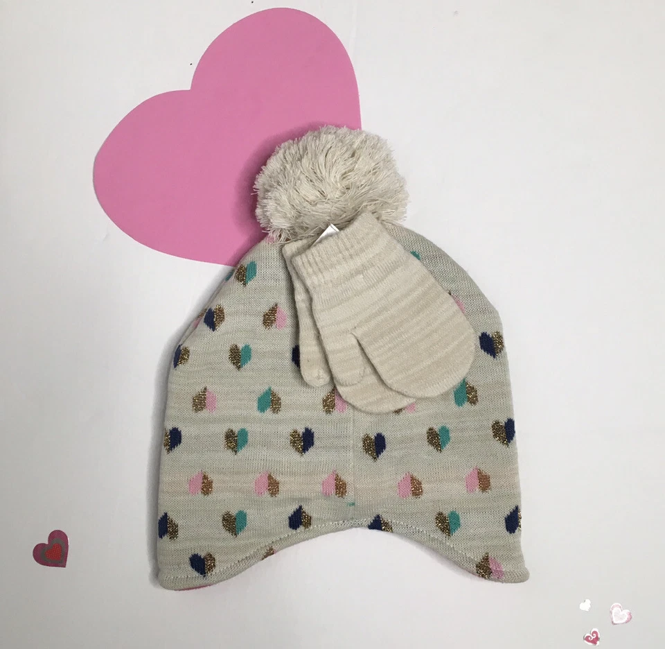 LITTLE ME TODDLER 2-4 CORAZONES GORRO TEJIDO FORRADO CON MITONES NUEVO CON ETIQUETAS Foto 4 de 4