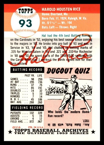 1991 Topps Archives The Ultimate 1953 Topps - Hal Rice #93 - Picture 2 of 2
