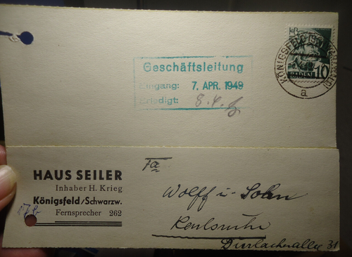 Postkarte Königsfeld / Schwarzwald 6.4.1949 nach Karlsruhe