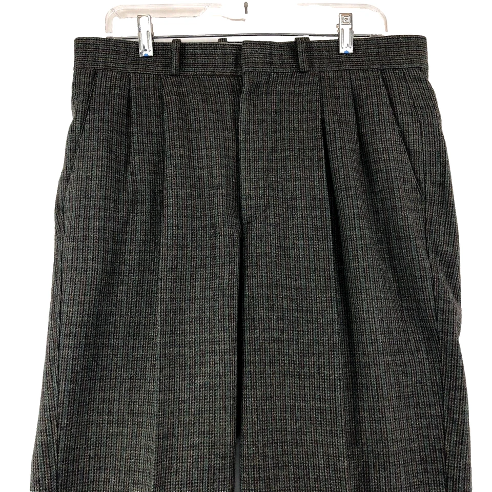 John Henry Dress Pants Mens Sz 34" x 3" Brown Blue Check Poly Wool Pleated Front - Image 2 of 4