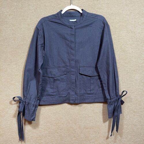 Caslon Womens Jacket Small Tie Sleeve Blue Linen Cotton Jacket Cargo Pocket NEW