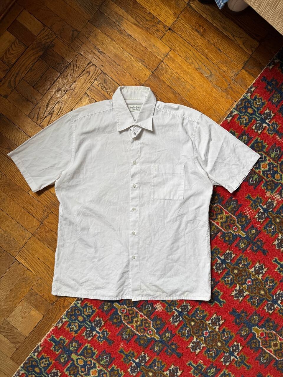 SAINT LAURENT Camicia bianca Yves Saint Lauren uomo con bottoni manica corta colletto logo taglia L