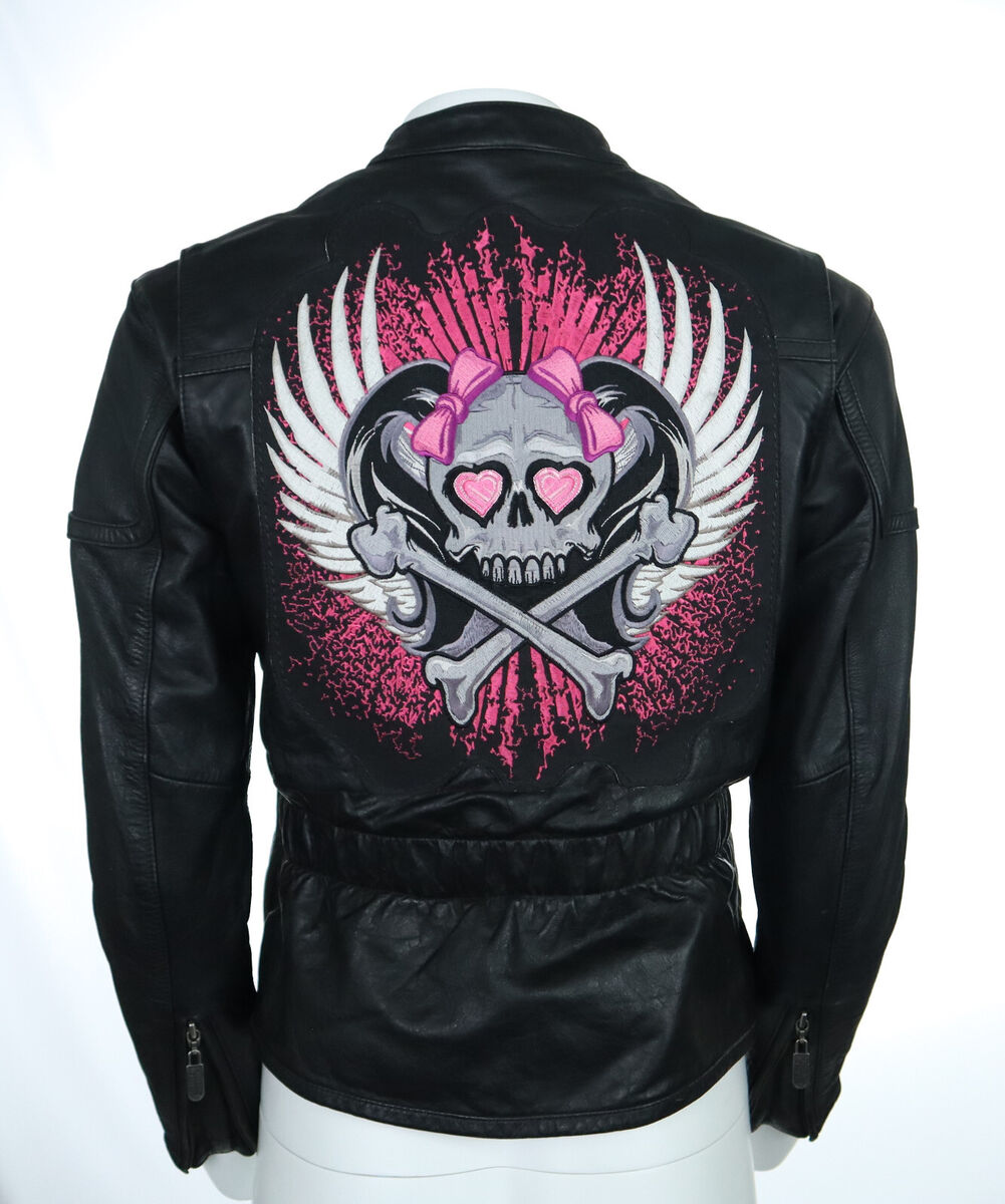 HARLEY DAVIDSON US Women's XS Black Leather Pink Skull Moto HARLEY DAVIDSON US Women's XS Black Leather Pink Skull Moto