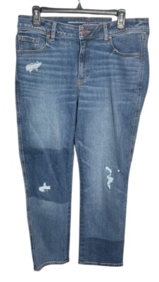 Chico s Define Me Denim Straight Leg Ankle Jeans Size 12 Distressed Patchwork