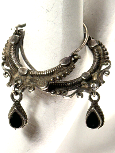 VTG Sterling Silver Edwardian Onyx Hoops 925 Self Closure Intricate "Edward P"