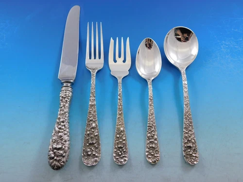 Rose by Stieff Sterling Silver Flatware Set For 8 Service 45 Pieces Repousse