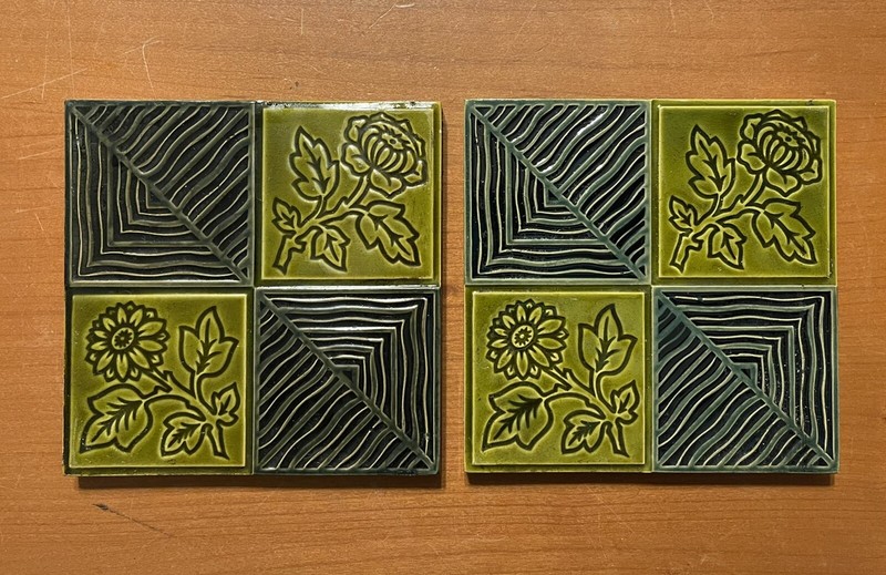 Antique Pair Minton Hollins 6" Art Tiles Green Floral Quartered Uusual Design