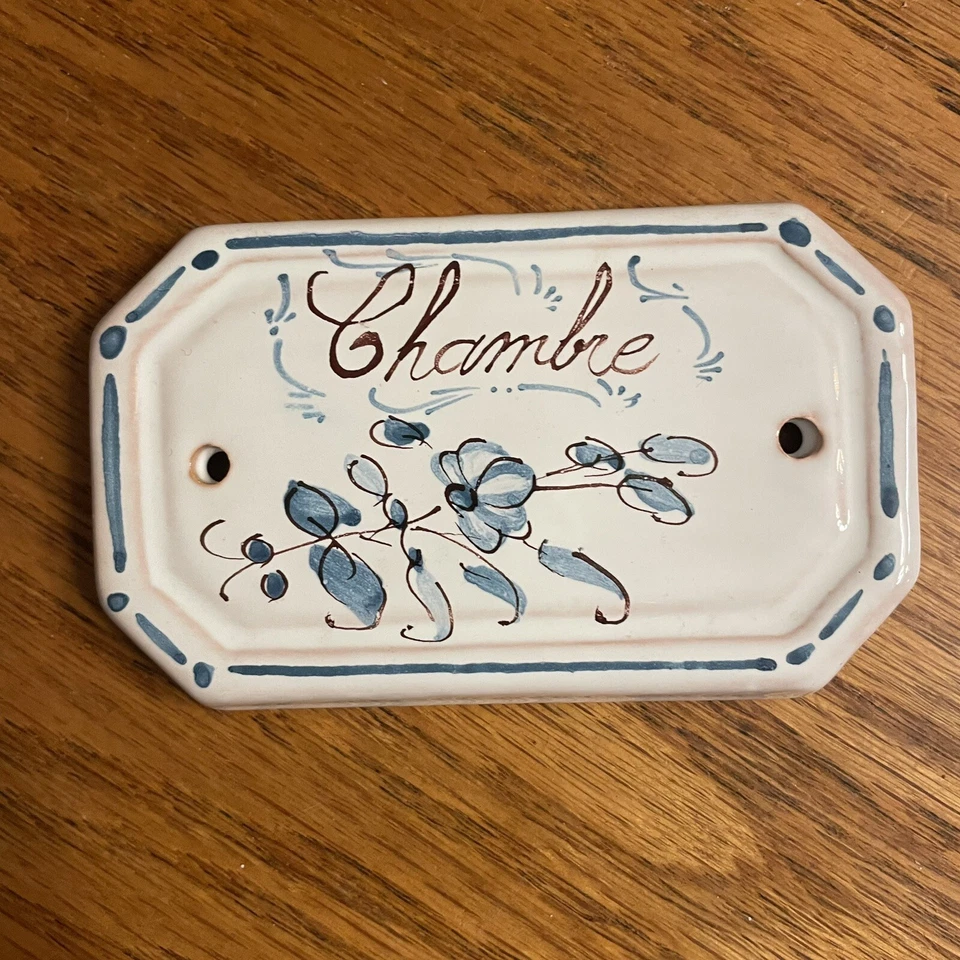 Placa de puerta de cerámica francesa “Chambre” Moustiers cama habitación marcador placa pared floral Foto 3 de 4