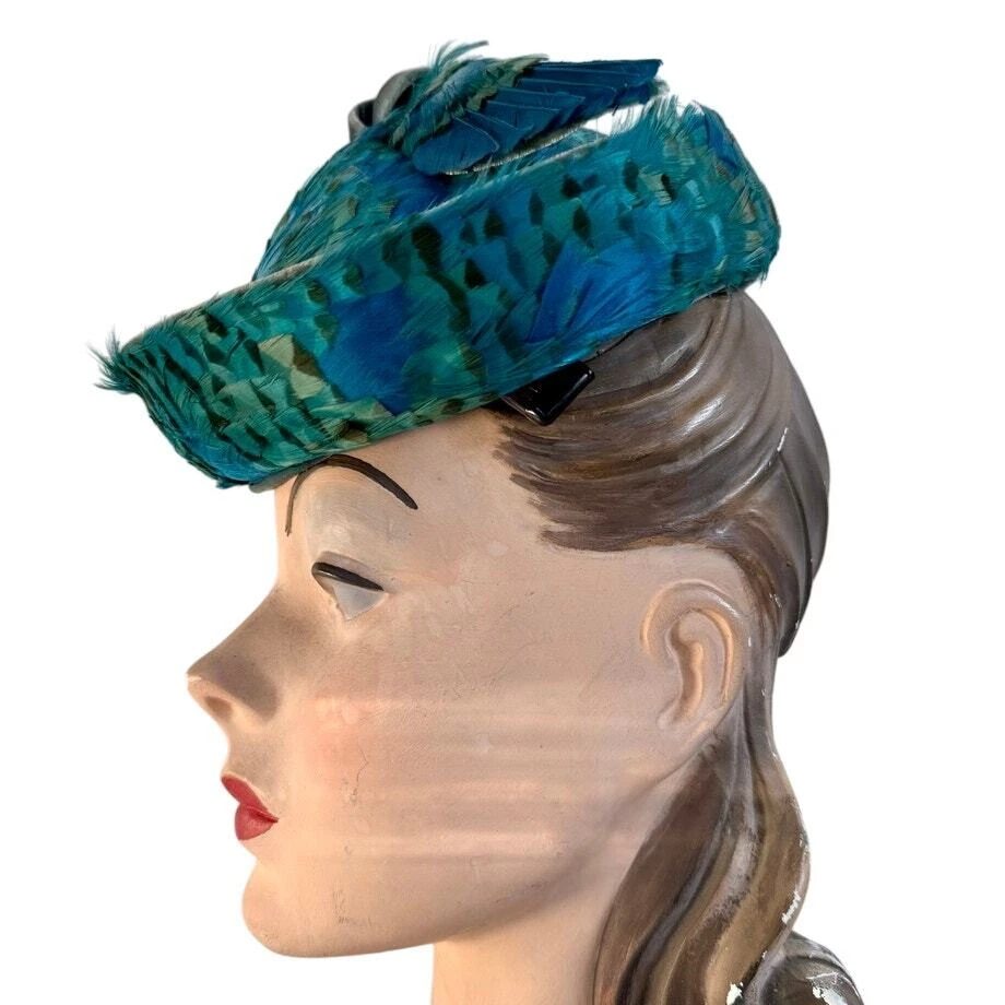 VTG 50s Jack McConnell Turquoise & Green Pheasant Feather Hat Gray Velvet Base - Image 3 of 4