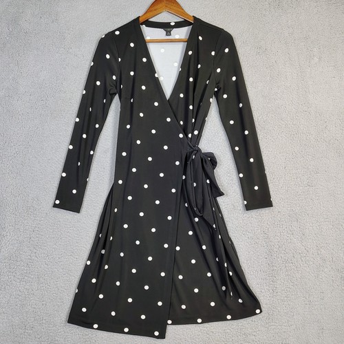 Ann Taylor Wrap Dress Women's 4 Petite Black White Polka Dot Long Sleeve Preppy