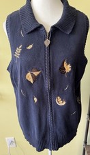 C.J. Banks Leaf Embroidered Zip Vest Blue Nature Cottagecore Size X Cotton Ramie