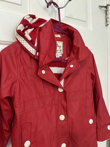 Hatley Kids Girls Red Tan Button Rain Jacket Sz 7 Coat Hood Terrycloth Lining - Picture 3 of 8