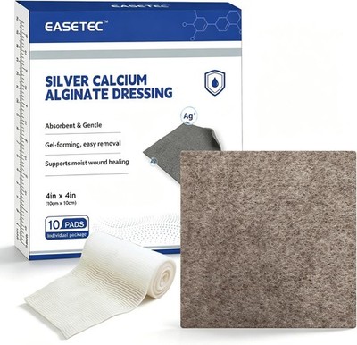 10x Silver Calcium Alginate Wound Dressing 4'' x 4'' + 2 PBT Bandages, Highly