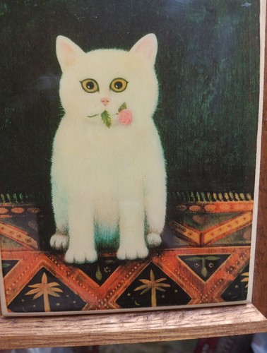 Vintage Folk Art Tile Trivet MCM Decor Wood Frame Martin Leman White Cat Rosebud - Picture 9 of 10