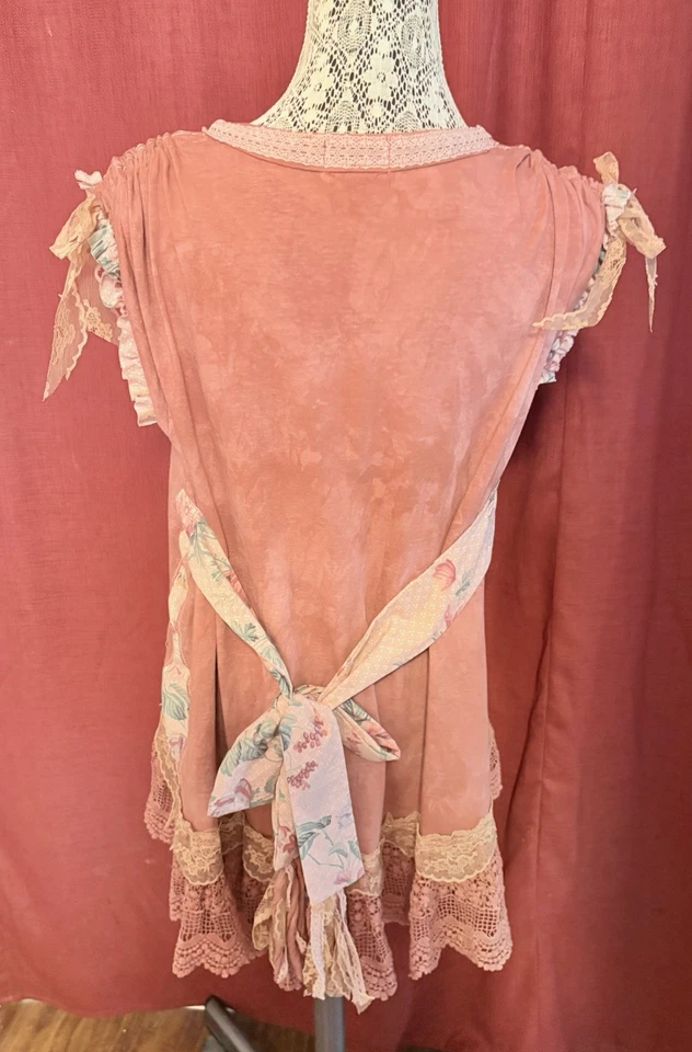 Top con lazo vintage reciclado talla única túnica encaje teñido a mano boho shabby chic Foto 3 de 4