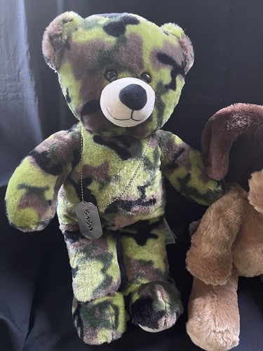 Build a Bear Camouflage Bear With Dog Tags & Brown Dog plush stuffed animal Lot - Picture 2 of 9