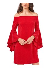 VINCE CAMUTO Womens Red Glitter Pullover Lined Bell Sleeve Off Shoulder Short