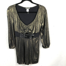 Vintage Y2K Metallic Dress Junior L Black Gold Foil Club Rave Retro Going Out