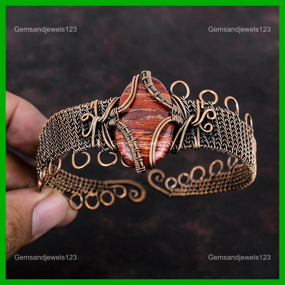 Brazalete ovalado natural rojo piel de serpiente jaspe alambre envuelto flor boho cobre Foto 3 de 4