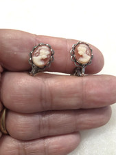 Vtg silver tone orange white Cameo clip on Earrings