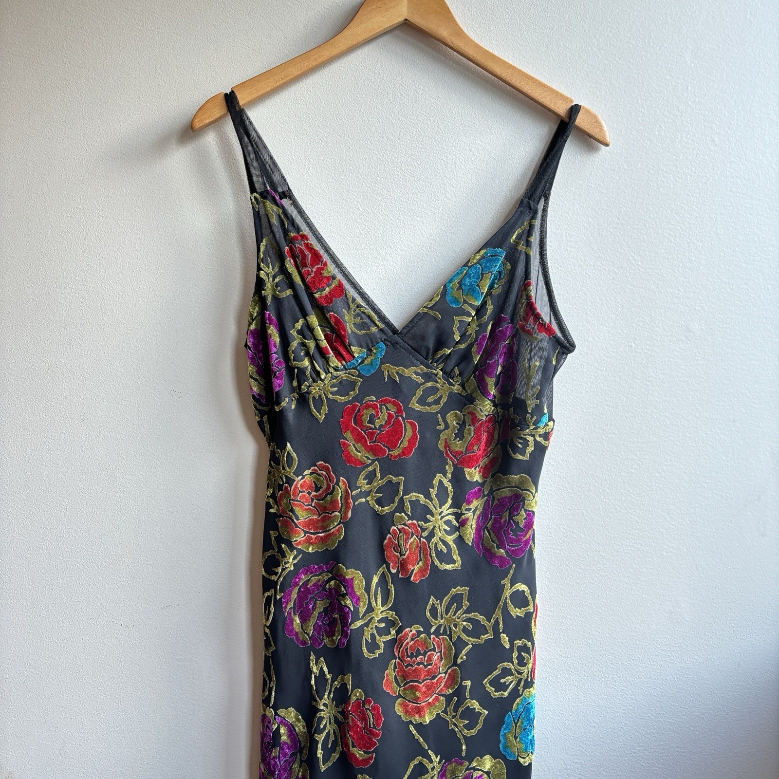 Vtg Floral Velvet Burnout Dress L Y2K Whimsigoth Fairy Grunge Babydoll Regency