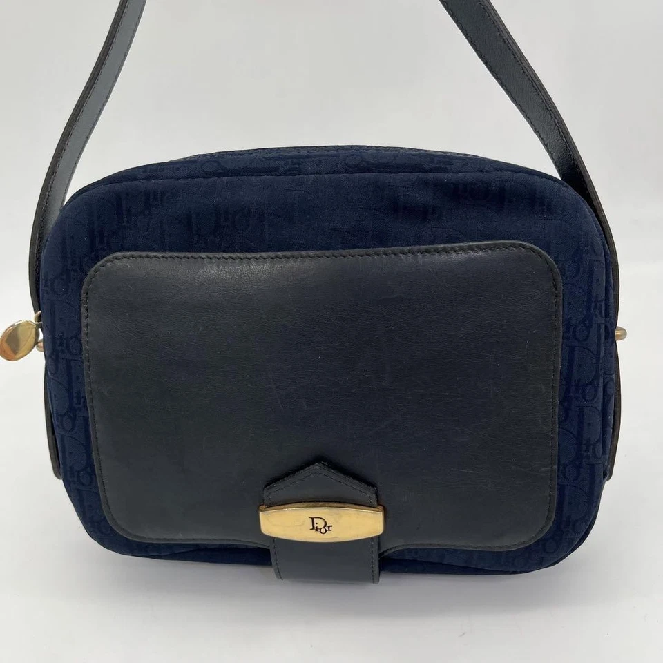 Bolso Bandolera Christian Dior Trotter Azul Marino Lona Cuero Cartera Logo Dorado MBc1043 Foto 2 de 4