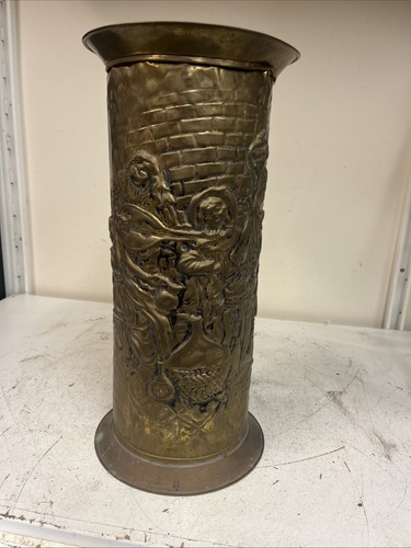 Gold Brass Plated Tall Storage Bucket Coal Scuttle Embossed Tavern Pattern - Picture 1 of 8