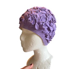 Vintage Swim Cap Womens Roses Latex Rubber Floral Flowers Purple 50s 60s