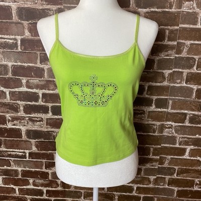 Nally And Millie Y2K Spaghetti Tank Top Rhinestone Crown Lime Green Sz XL