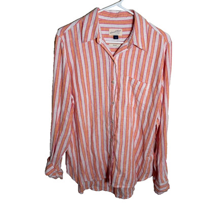 Universal Thread Button-Up Shirt Women's Small Orange Pink Striped Linen Blend