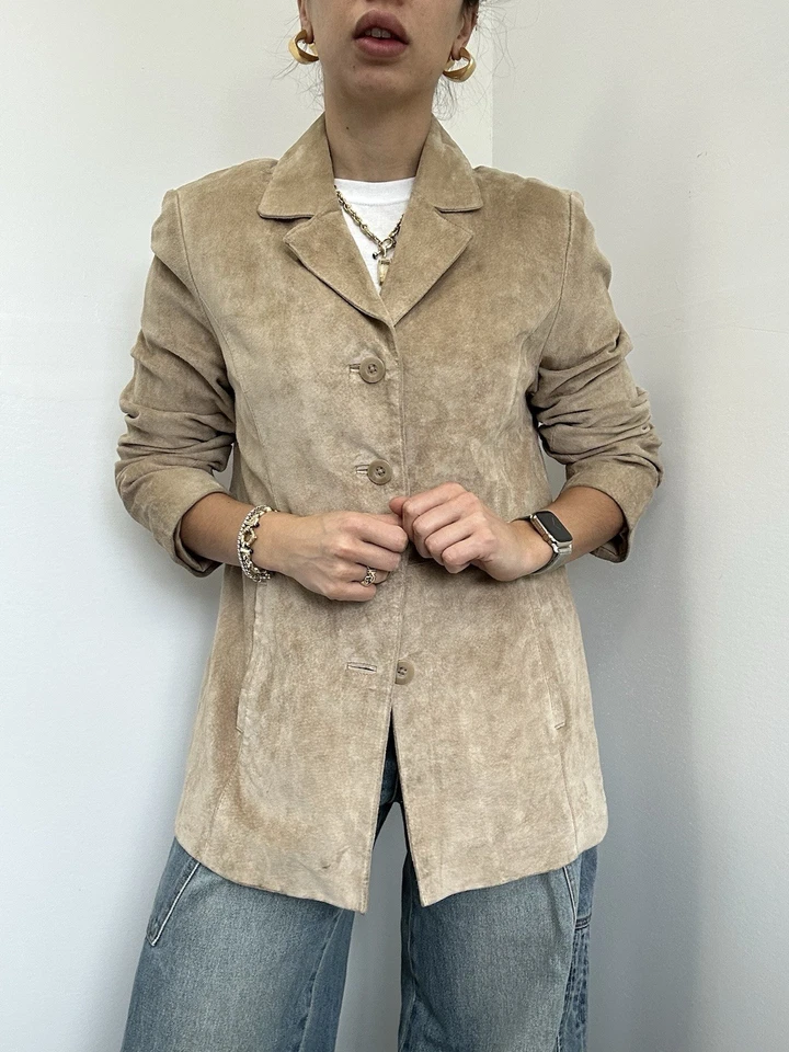 Vintage 90’s Croft & Barrow Beige 100% Suede Jacket Button Front Collared Size M - Image 3 of 4