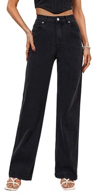Womens Jeans Mid Waisted Straight Leg Loose Stretchy Lightweight Tummy Contro...